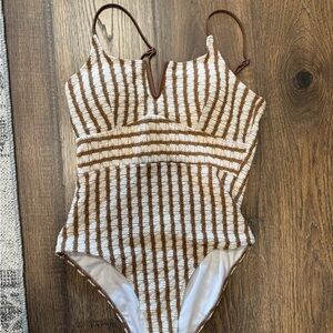 Brown and White Striped Swimsuit